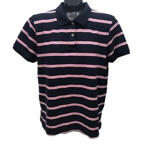 LL Bean Women's Relaxed Fit Size Large Short Sleeve Blue Pink Striped Po…